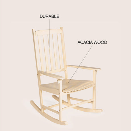 Seagrove farmhouse acacia wood outdoor rocking chair with slat-back support