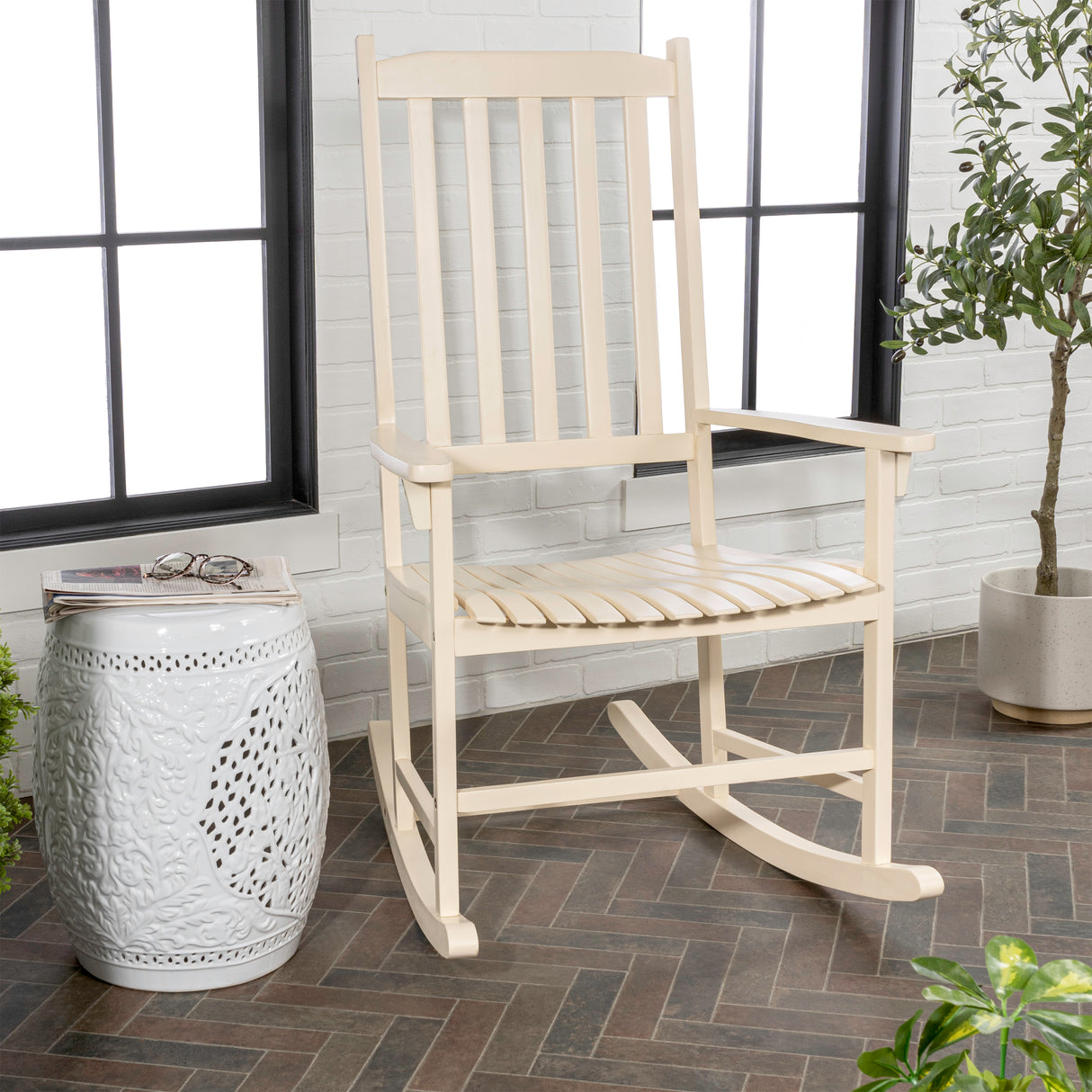 Seagrove farmhouse acacia wood outdoor rocking chair with slat-back support