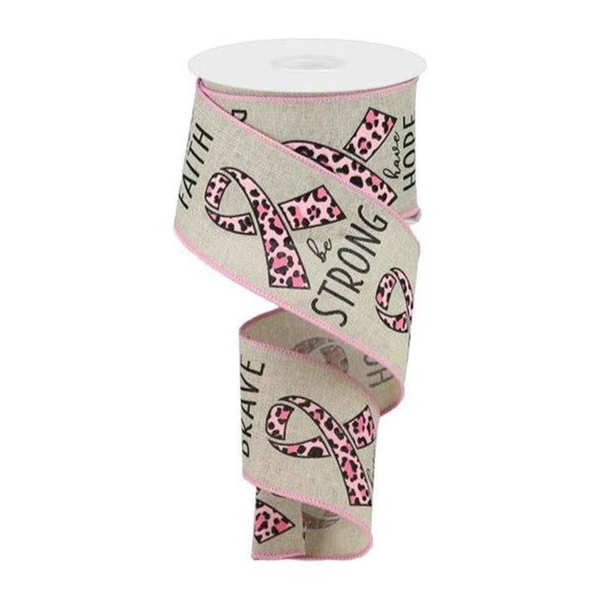 2.5" Breast Cancer Leopard Ribbon: Lt Natural (10 Yards)