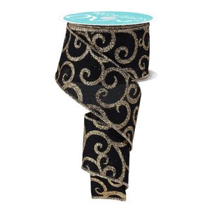 2.5" Glitter Swirl Ribbon: Black/Gold (10 Yards)