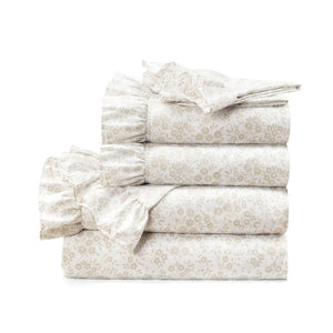 Queen Size Polyester Tan Ruffle Floral 6 Piece Sheet Set