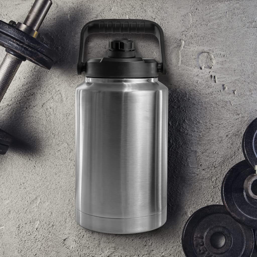 Insulated 1 Gallon Water Bottle with Sleeve - Stainless Steel Wide Mouth Growler with Tactical Carrying Bag - Insulation for Hot/Cold Drinks (128oz)