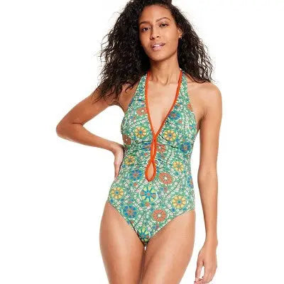 RHODE Women's Halter High Leg Cheeky One Piece Swimsuit V-Neck Swimwear