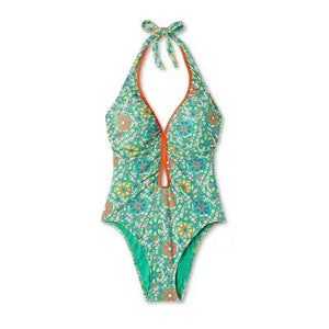 RHODE Women's Halter High Leg Cheeky One Piece Swimsuit V-Neck Swimwear