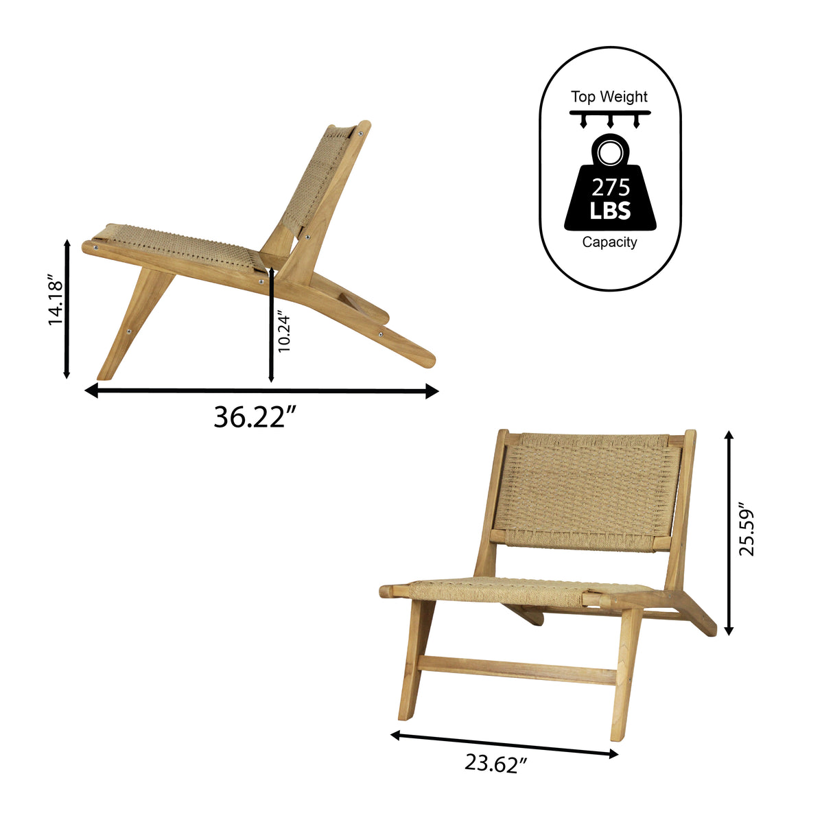 Parker mid-century modern woven seagrass wood armless lounge chair