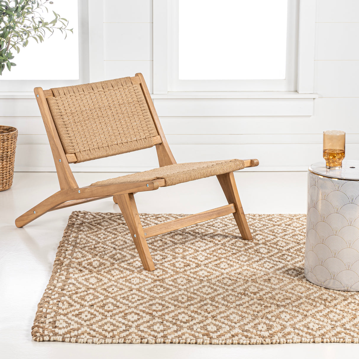 Parker mid-century modern woven seagrass wood armless lounge chair
