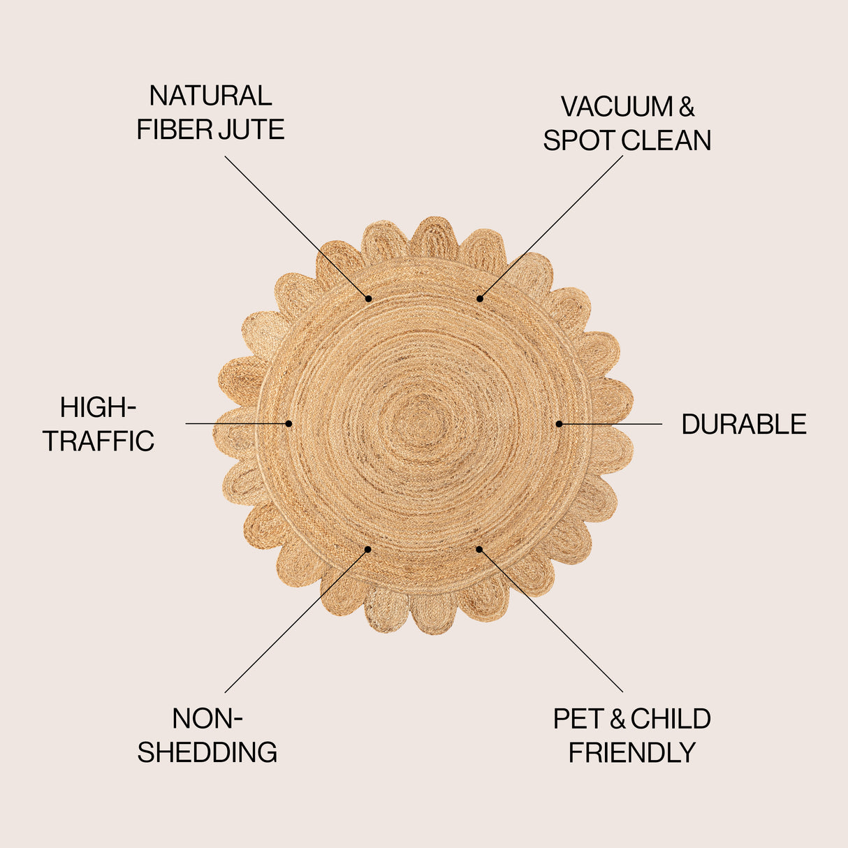 Petal Boho Jute Scalloped Circle Round Area Rug