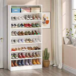 Modern 8-Shelf Shoe Rack Shelving Unit for Closet Storage in White Wood Finish