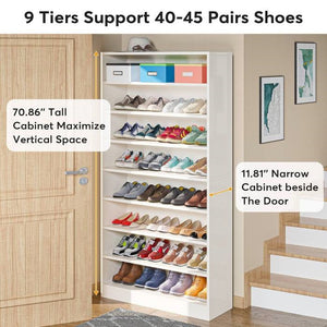 Modern 8-Shelf Shoe Rack Shelving Unit for Closet Storage in White Wood Finish