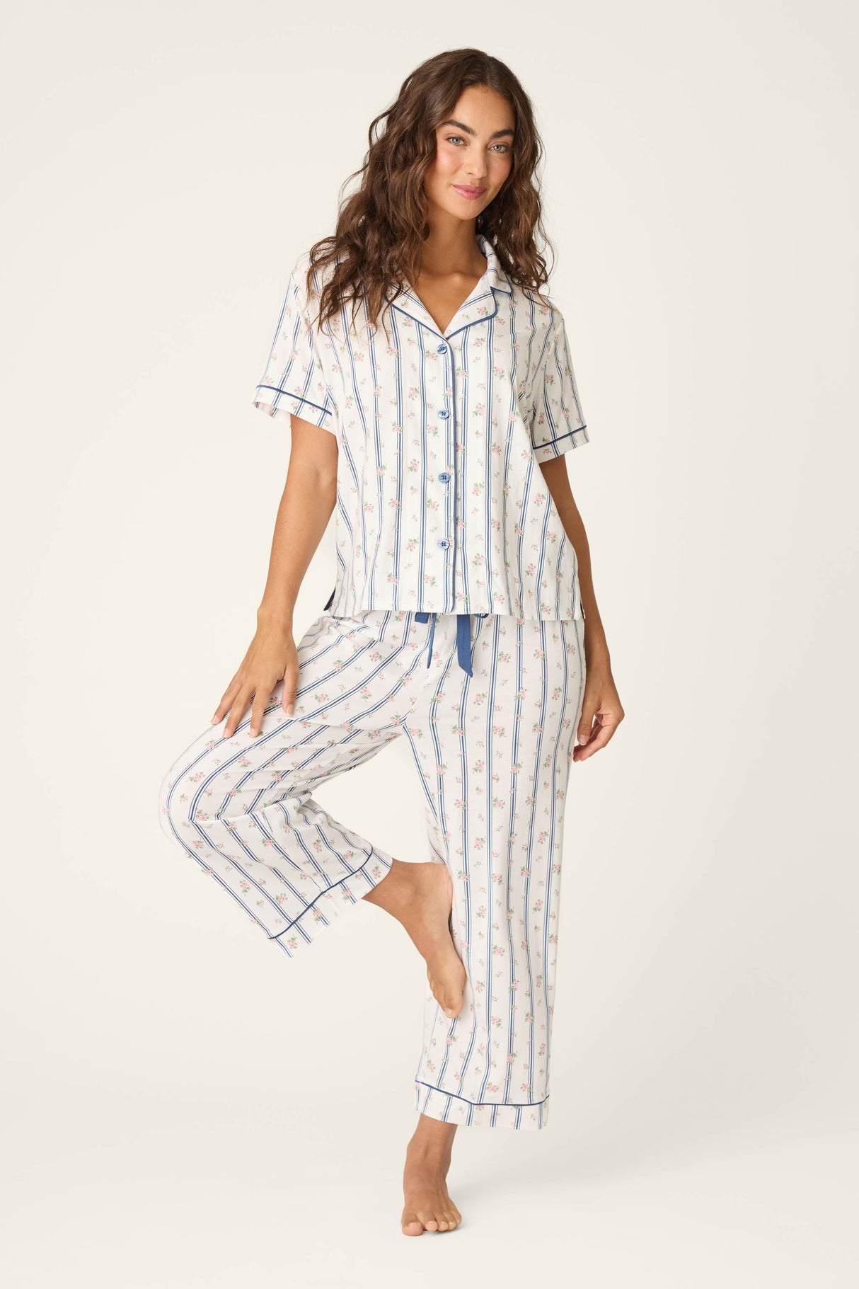 Cotton Jersey Stripes & Blooms Cropped PJ Set