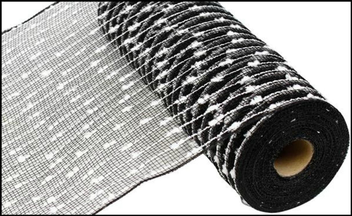 10" Snowball Deco Mesh Ribbon: Black & White (10 Yards)