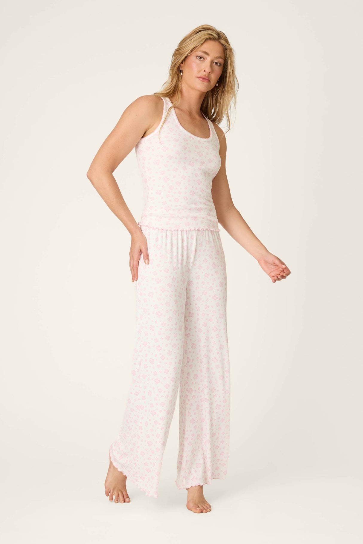 Pretty Petals Sweet Pink Floral Print Open Leg Pants