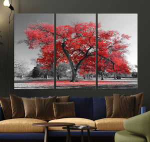 Red Autumn Tree Canvas Wall Art Print Autumn Art Black and