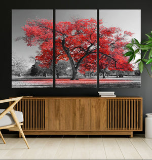 Red Autumn Tree Canvas Wall Art Print Autumn Art Black and