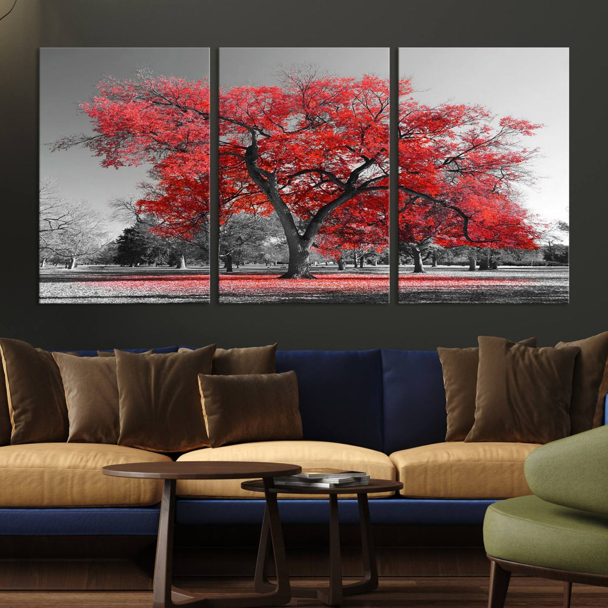 Red Autumn Tree Canvas Wall Art Print Autumn Art Black and