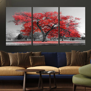 Red Autumn Tree Canvas Wall Art Print Autumn Art Black and
