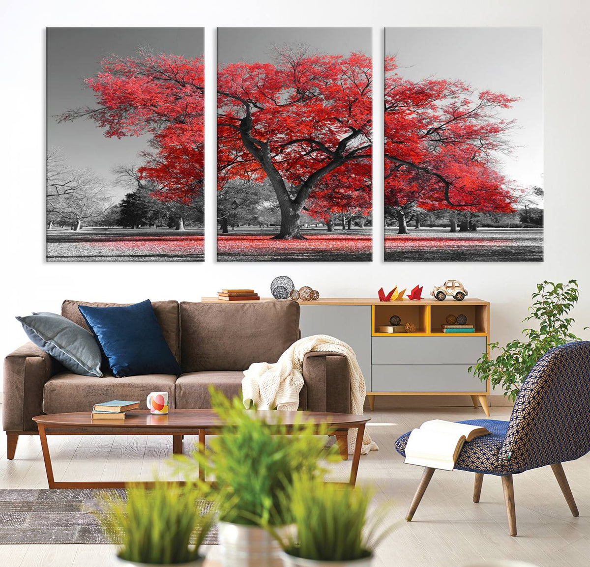 Red Autumn Tree Canvas Wall Art Print Autumn Art Black and