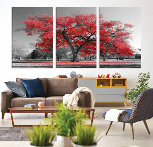Red Autumn Tree Canvas Wall Art Print Autumn Art Black and