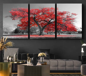 Red Autumn Tree Canvas Wall Art Print Autumn Art Black and