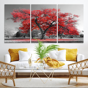 Red Autumn Tree Canvas Wall Art Print Autumn Art Black and