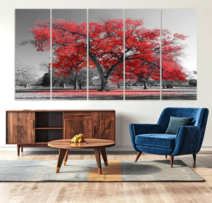 Red Autumn Tree Canvas Wall Art Print Autumn Art Black and