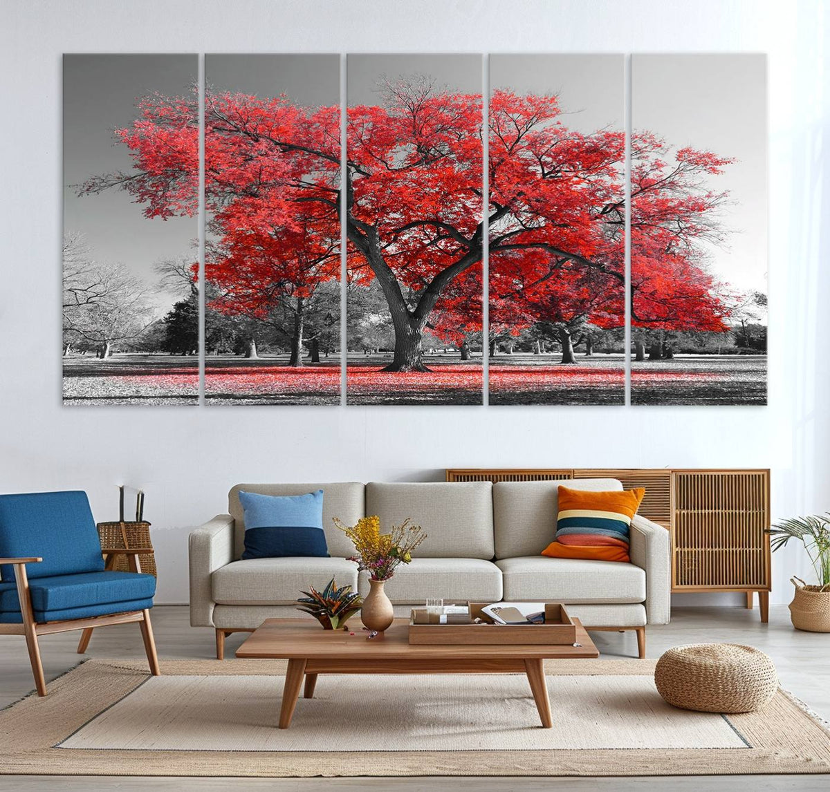 Red Autumn Tree Canvas Wall Art Print Autumn Art Black and