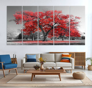 Red Autumn Tree Canvas Wall Art Print Autumn Art Black and