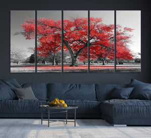 Red Autumn Tree Canvas Wall Art Print Autumn Art Black and