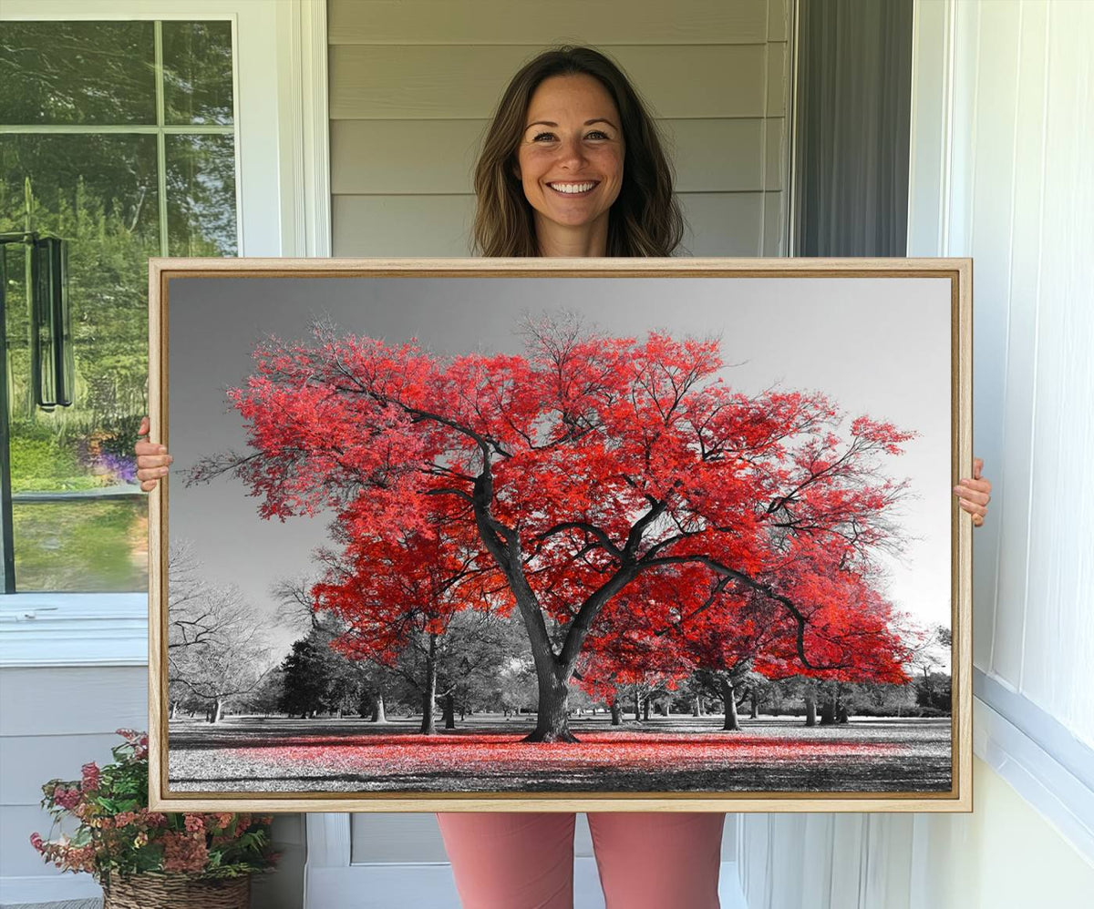 Red Autumn Tree Canvas Wall Art Print Autumn Art Black and