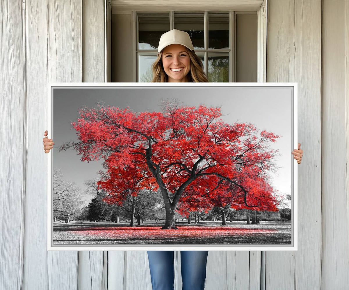Red Autumn Tree Canvas Wall Art Print Autumn Art Black and