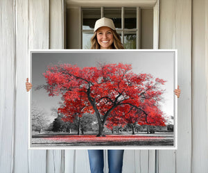 Red Autumn Tree Canvas Wall Art Print Autumn Art Black and