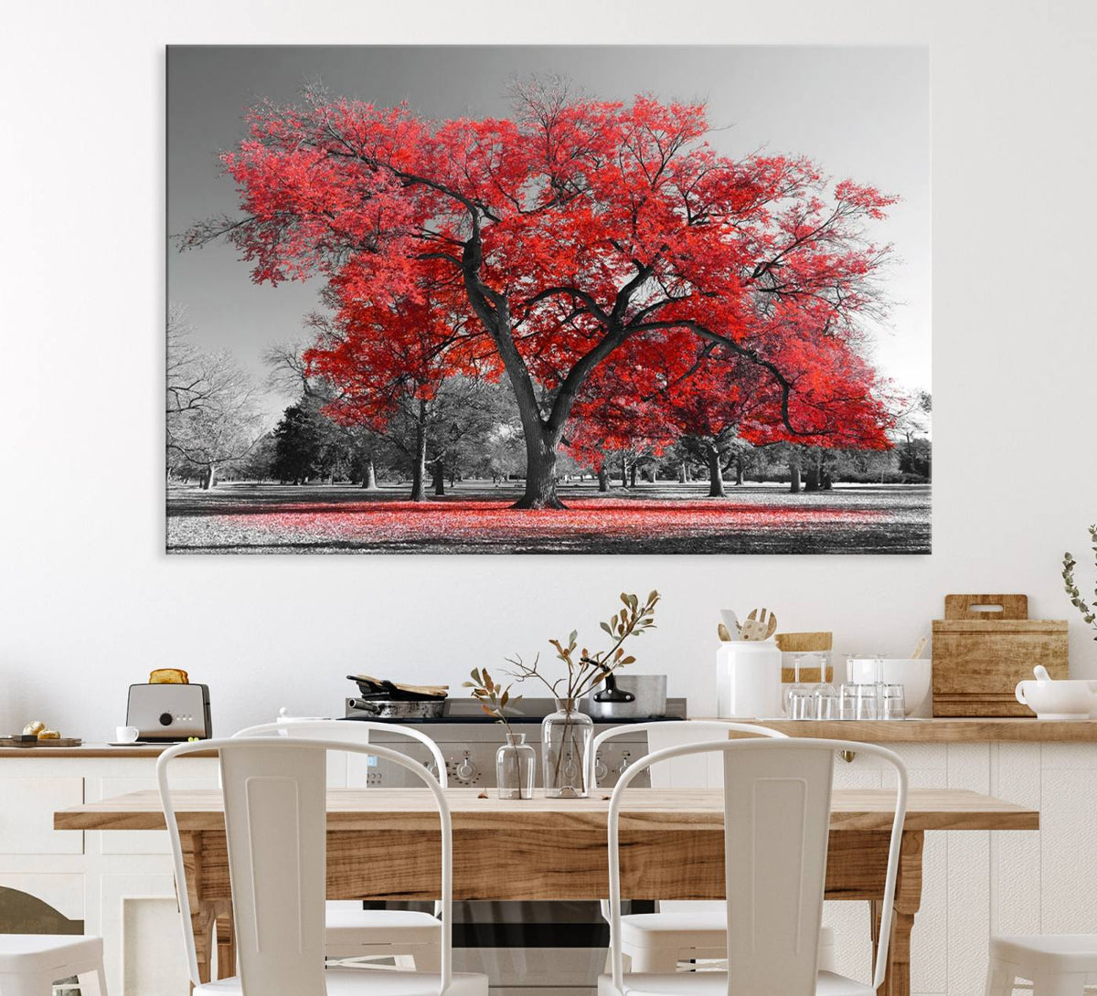 Red Autumn Tree Canvas Wall Art Print Autumn Art Black and
