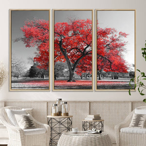 Red Autumn Tree Canvas Wall Art Print Autumn Art Black and