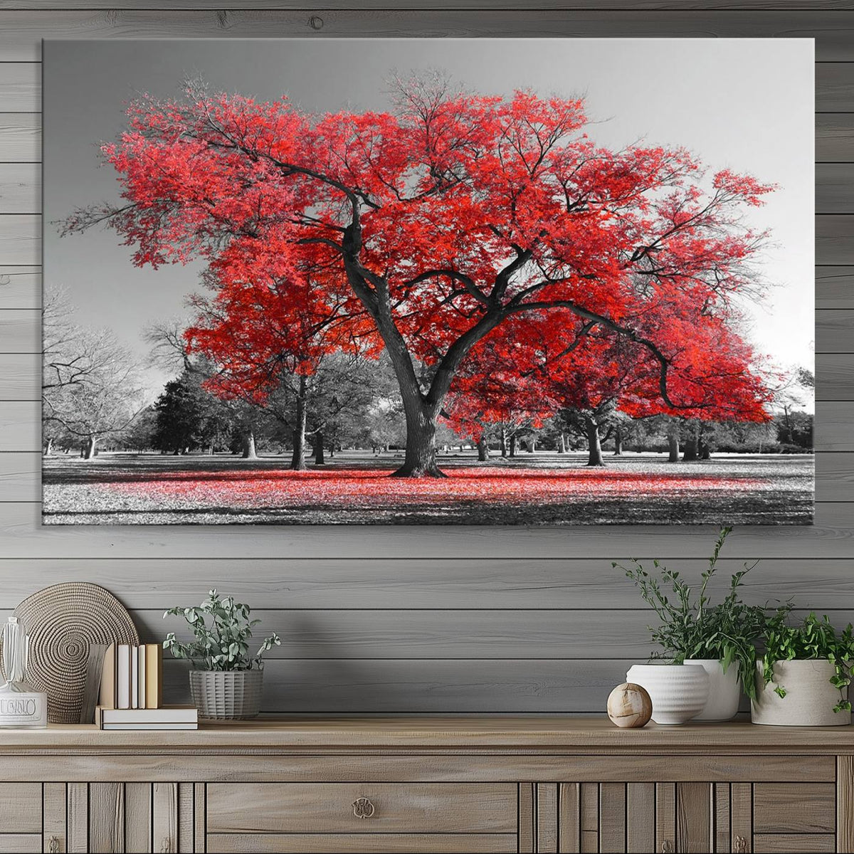 Red Autumn Tree Canvas Wall Art Print Autumn Art Black and