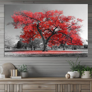Red Autumn Tree Canvas Wall Art Print Autumn Art Black and
