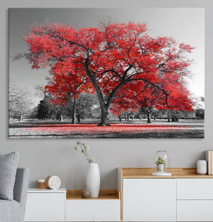 Red Autumn Tree Canvas Wall Art Print Autumn Art Black and