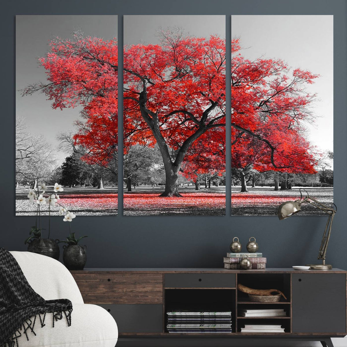 Red Autumn Tree Canvas Wall Art Print Autumn Art Black and