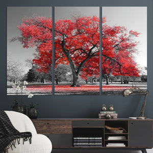 Red Autumn Tree Canvas Wall Art Print Autumn Art Black and