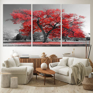 Red Autumn Tree Canvas Wall Art Print Autumn Art Black and