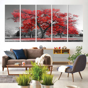 Red Autumn Tree Canvas Wall Art Print Autumn Art Black and