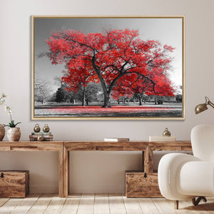Red Autumn Tree Canvas Wall Art Print Autumn Art Black and