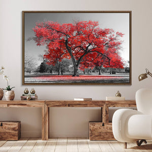 Red Autumn Tree Canvas Wall Art Print Autumn Art Black and