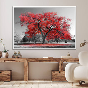 Red Autumn Tree Canvas Wall Art Print Autumn Art Black and