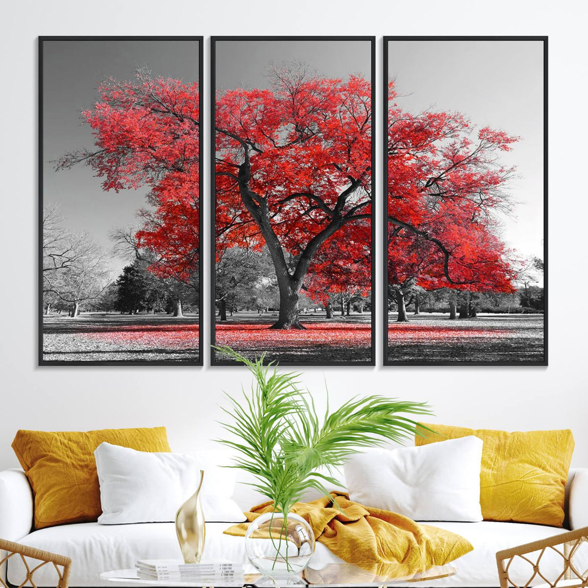 Red Autumn Tree Canvas Wall Art Print Autumn Art Black and