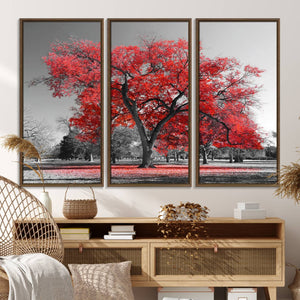 Red Autumn Tree Canvas Wall Art Print Autumn Art Black and