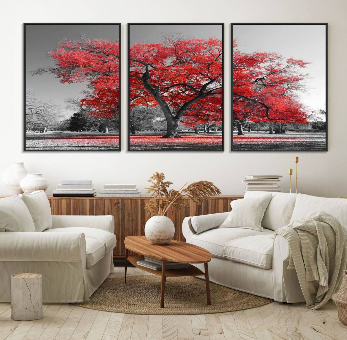 Red Autumn Tree Canvas Wall Art Print Autumn Art Black and