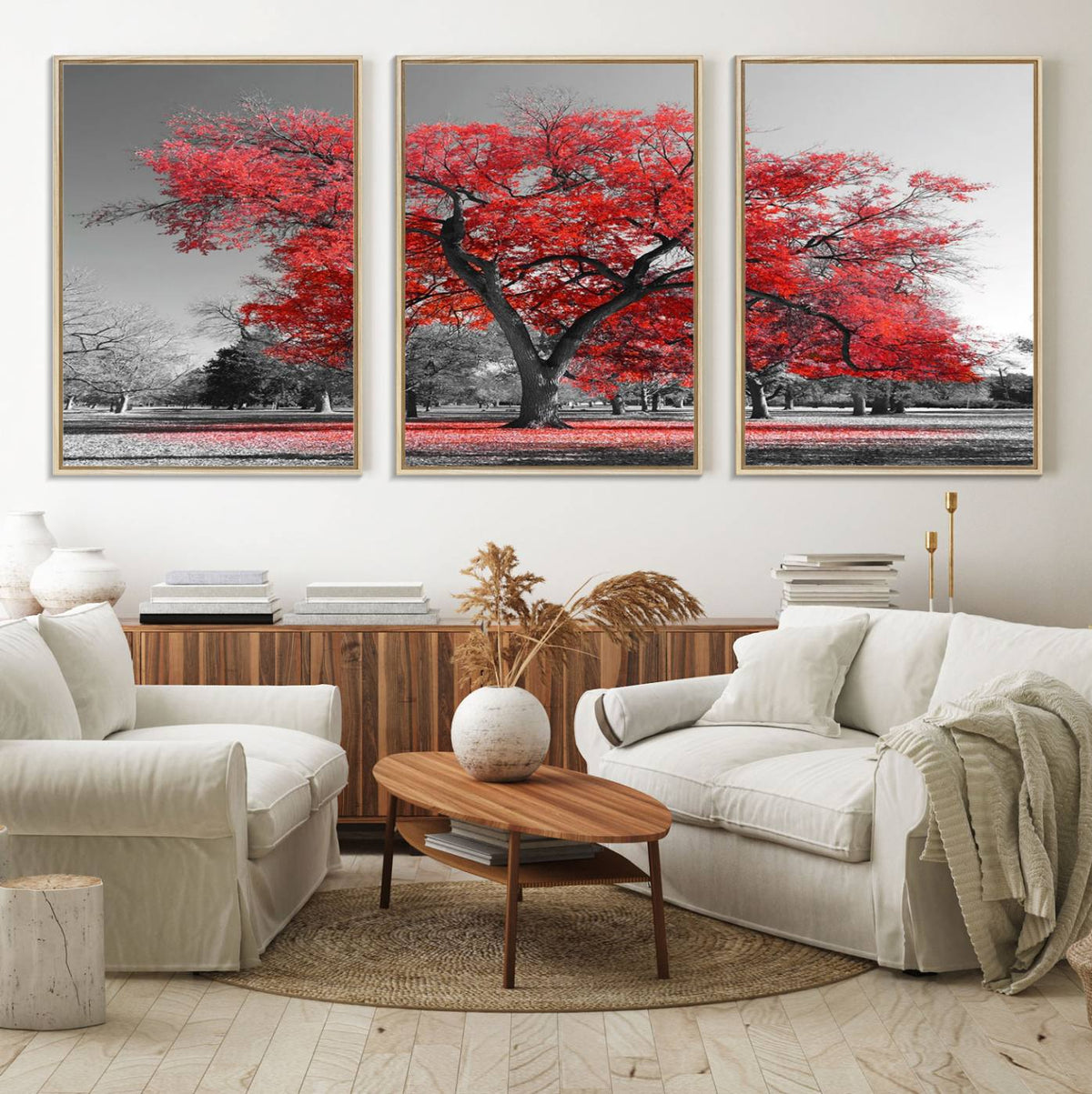Red Autumn Tree Canvas Wall Art Print Autumn Art Black and