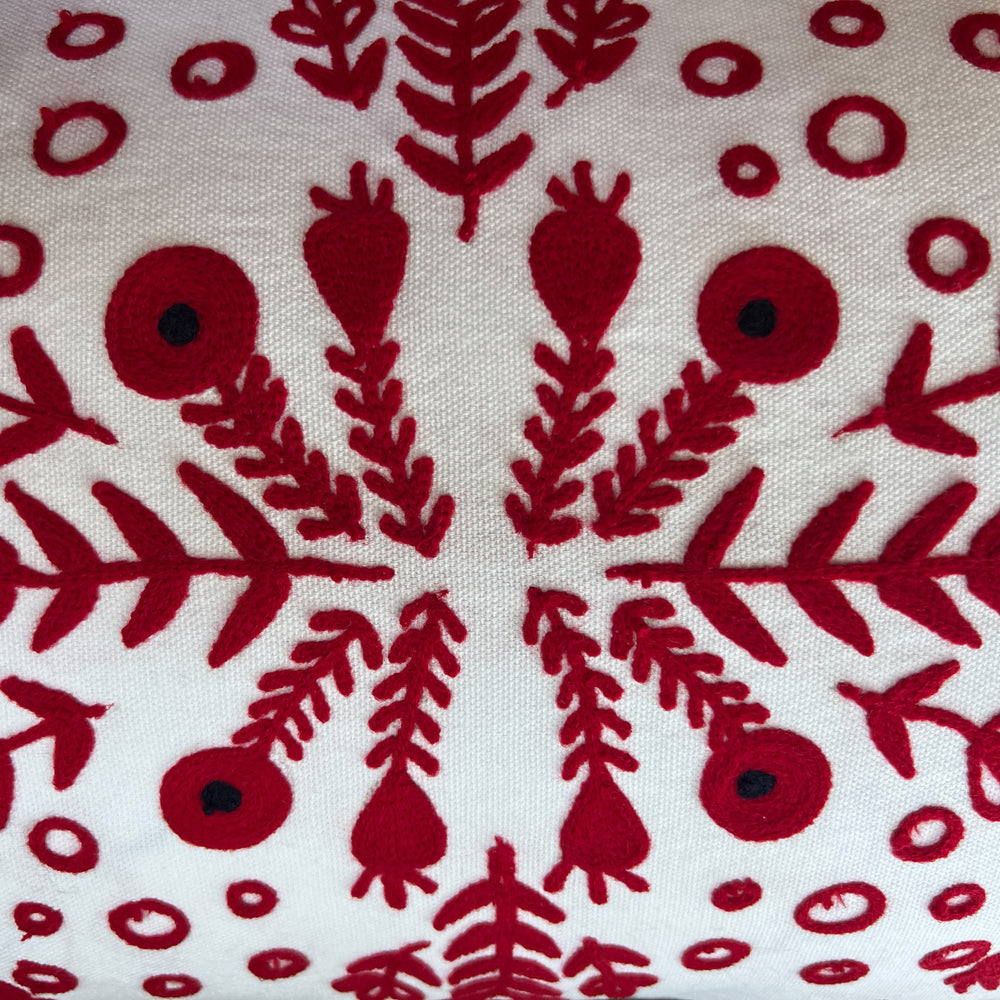 Red & White Embroidered Throw Pillow with Tassels  Handcrafted Elegance for Your Home