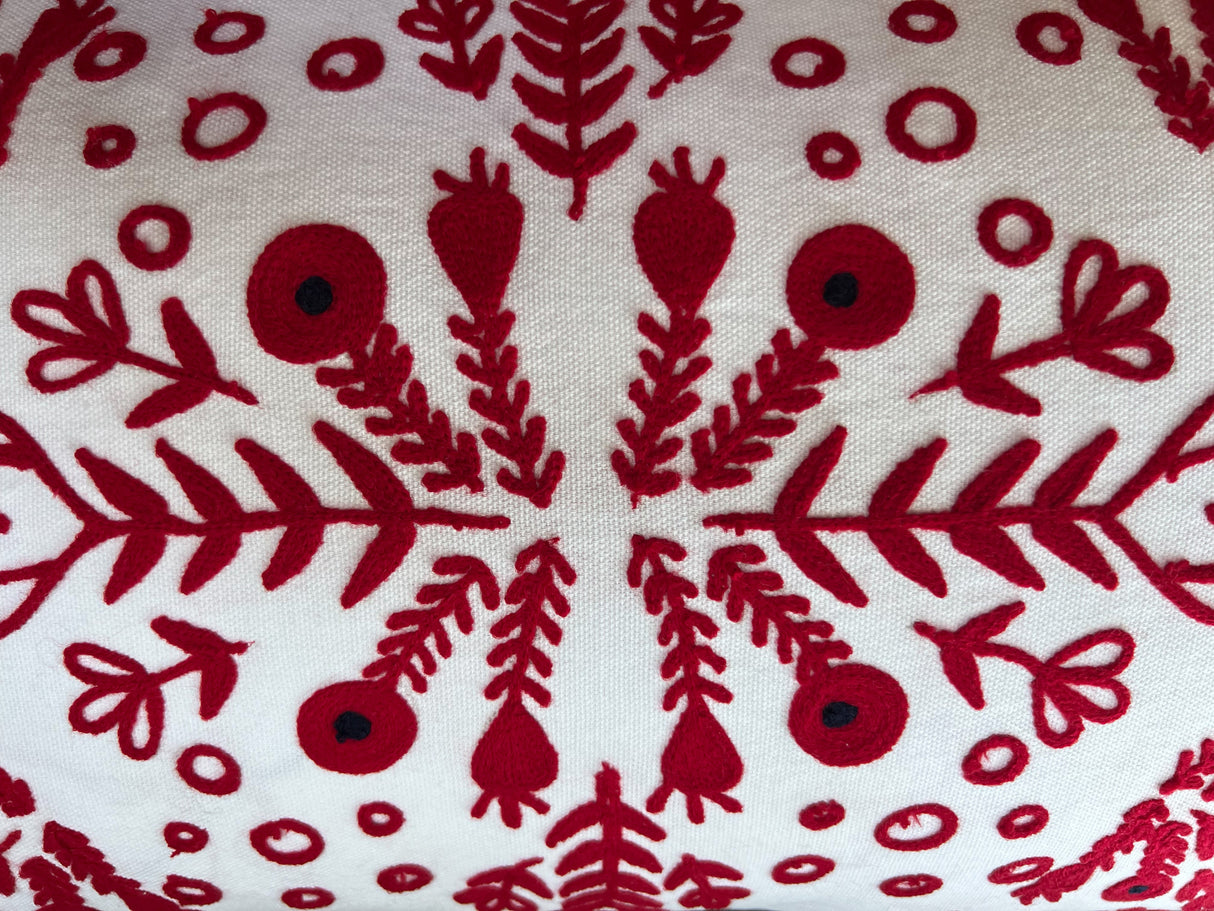 Red & White Embroidered Throw Pillow with Tassels  Handcrafted Elegance for Your Home
