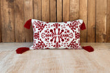 Red & White Embroidered Throw Pillow with Tassels  Handcrafted Elegance for Your Home